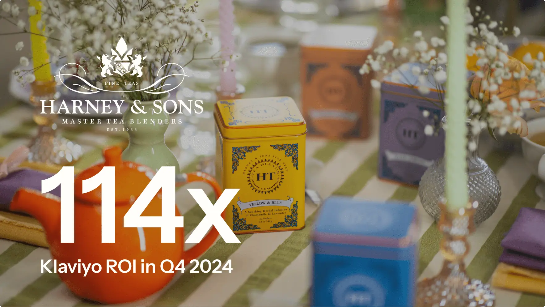 Harney & Sons logo over image of different color tea boxes on a table with candles, with the words "114x Klaviyo ROI in Q4 2024"