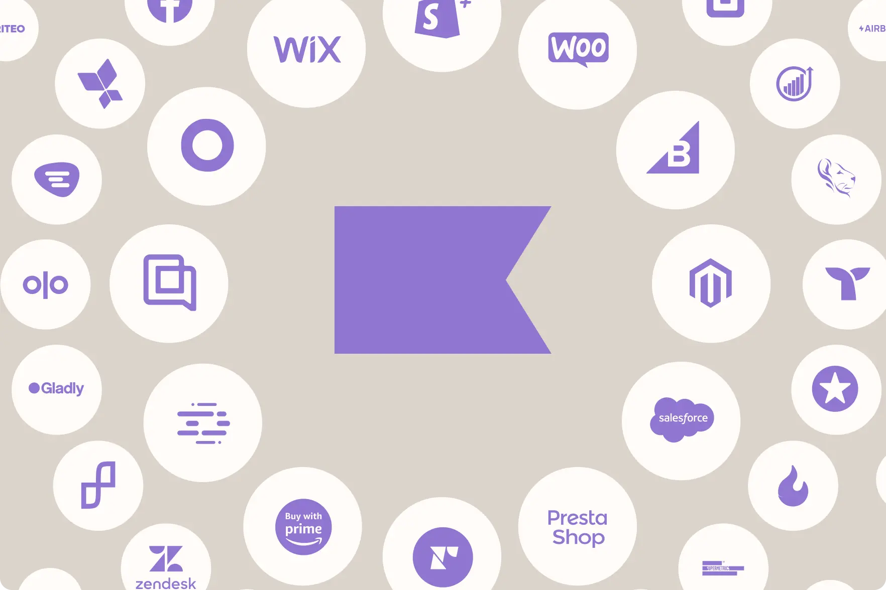 Purple Klaviyo flag surrounded by rings of bubbles containing purple logos for various integrations